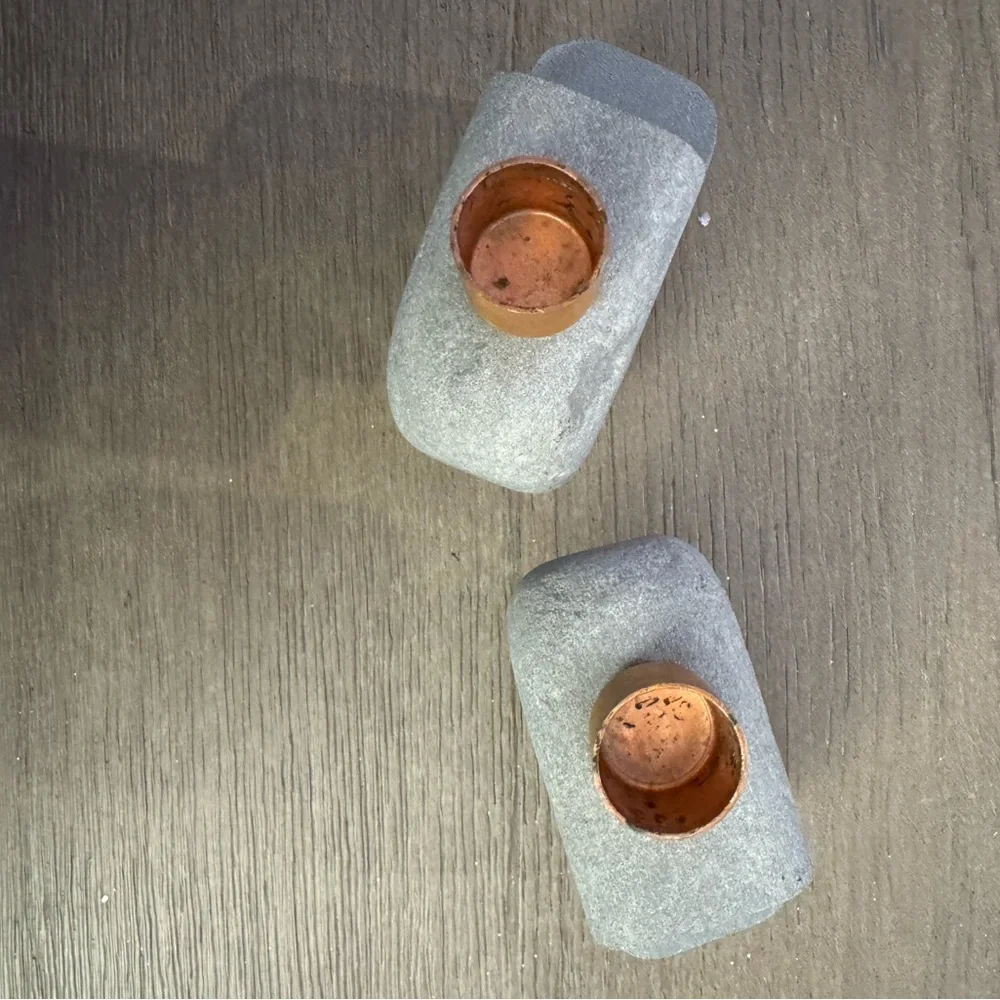 Vintage Maris Taylor Designs stone and copper candleholders.